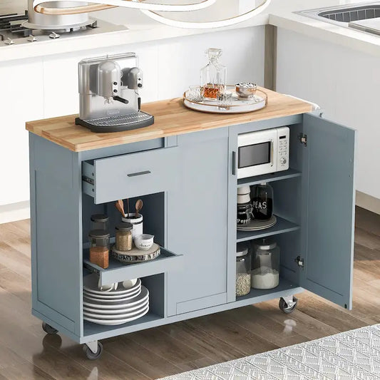 Îlot de cuisine avec plan de travail pliable, chariot de rangement avec étagère coulissante, porte-serviettes et tiroir, roulettes