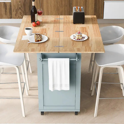 Îlot de cuisine avec plan de travail pliable, chariot de rangement avec étagère coulissante, porte-serviettes et tiroir, roulettes