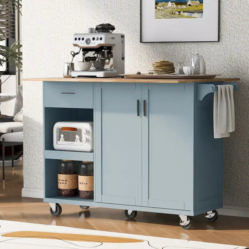 Îlot de cuisine avec plan de travail pliable, chariot de rangement avec étagère coulissante, porte-serviettes et tiroir, roulettes