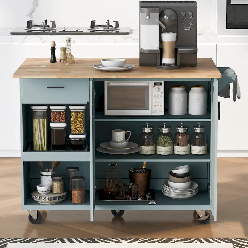 Îlot de cuisine avec plan de travail pliable, chariot de rangement avec étagère coulissante, porte-serviettes et tiroir, roulettes