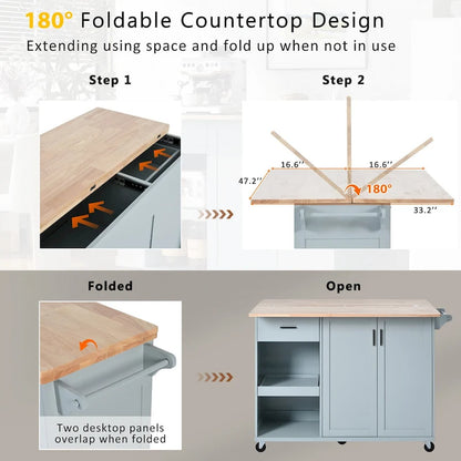Îlot de cuisine avec plan de travail pliable, chariot de rangement avec étagère coulissante, porte-serviettes et tiroir, roulettes
