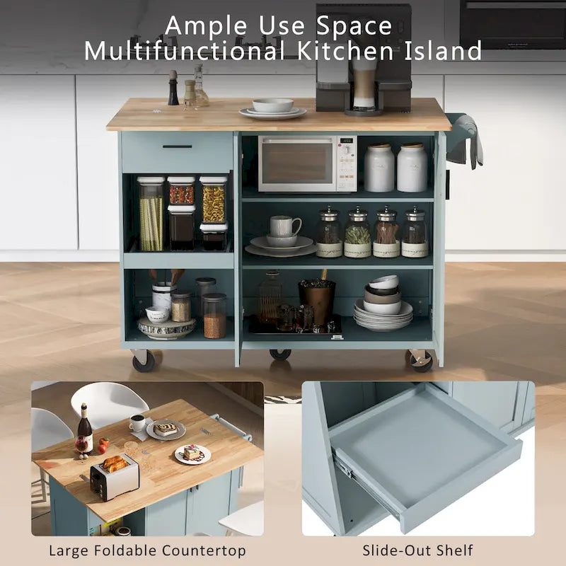 Îlot de cuisine avec plan de travail pliable, chariot de rangement avec étagère coulissante, porte-serviettes et tiroir, roulettes
