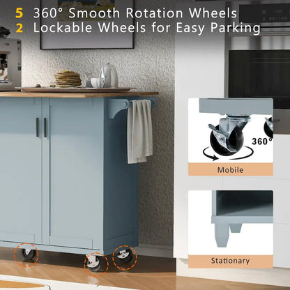 Îlot de cuisine avec plan de travail pliable, chariot de rangement avec étagère coulissante, porte-serviettes et tiroir, roulettes