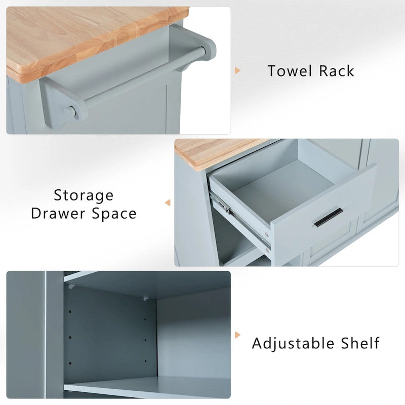 Îlot de cuisine avec plan de travail pliable, chariot de rangement avec étagère coulissante, porte-serviettes et tiroir, roulettes