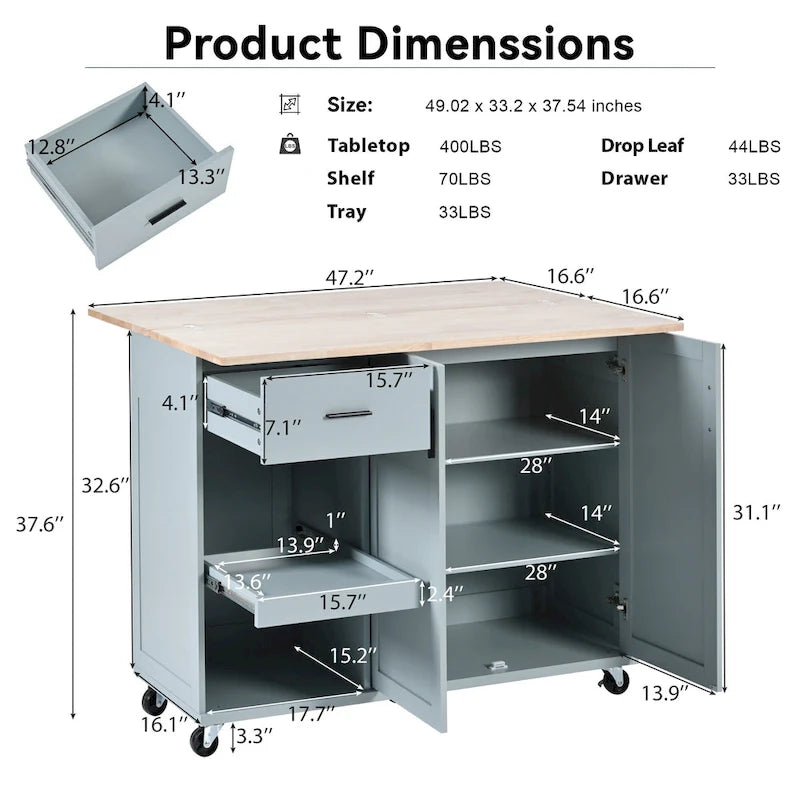 Îlot de cuisine avec plan de travail pliable, chariot de rangement avec étagère coulissante, porte-serviettes et tiroir, roulettes