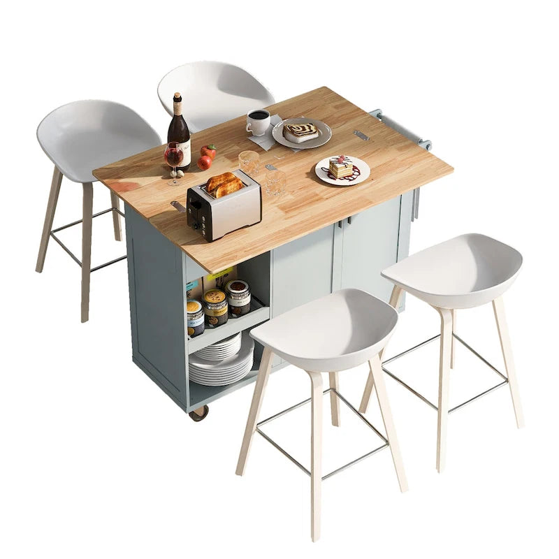 Îlot de cuisine avec plan de travail pliable, chariot de rangement avec étagère coulissante, porte-serviettes et tiroir, roulettes