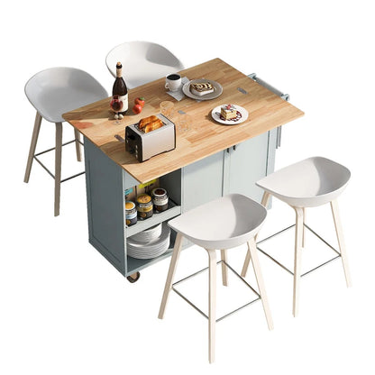 Îlot de cuisine avec plan de travail pliable, chariot de rangement avec étagère coulissante, porte-serviettes et tiroir, roulettes