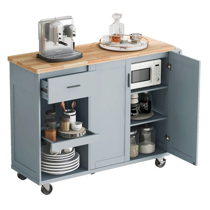 Îlot de cuisine avec plan de travail pliable, chariot de rangement avec étagère coulissante, porte-serviettes et tiroir, roulettes