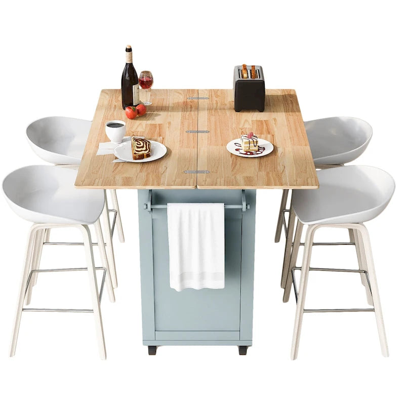 Îlot de cuisine avec plan de travail pliable, chariot de rangement avec étagère coulissante, porte-serviettes et tiroir, roulettes