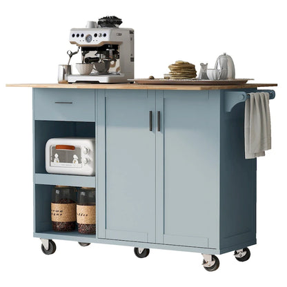 Îlot de cuisine avec plan de travail pliable, chariot de rangement avec étagère coulissante, porte-serviettes et tiroir, roulettes