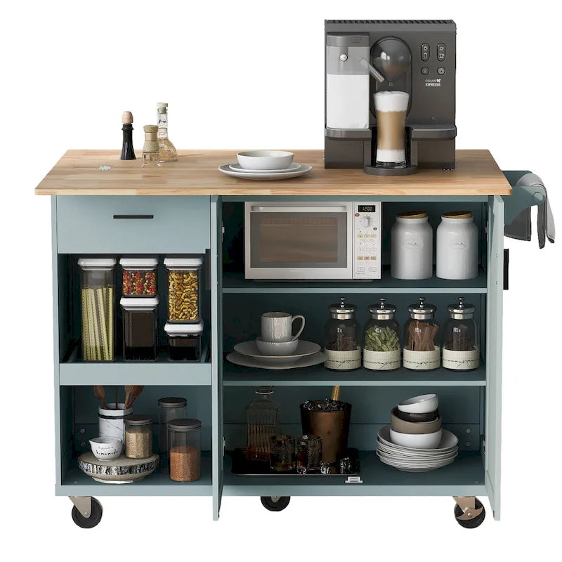 Îlot de cuisine avec plan de travail pliable, chariot de rangement avec étagère coulissante, porte-serviettes et tiroir, roulettes