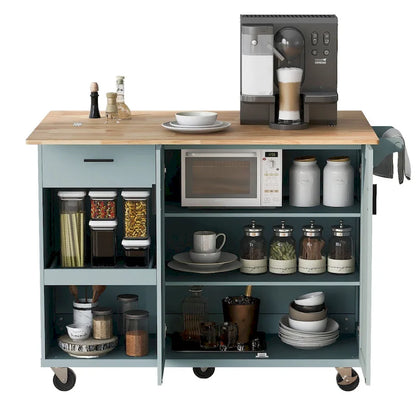 Îlot de cuisine avec plan de travail pliable, chariot de rangement avec étagère coulissante, porte-serviettes et tiroir, roulettes