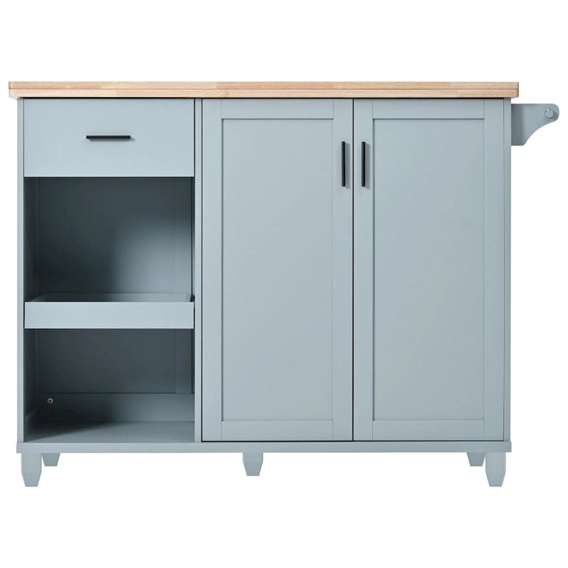 Îlot de cuisine avec plan de travail pliable, chariot de rangement avec étagère coulissante, porte-serviettes et tiroir, roulettes