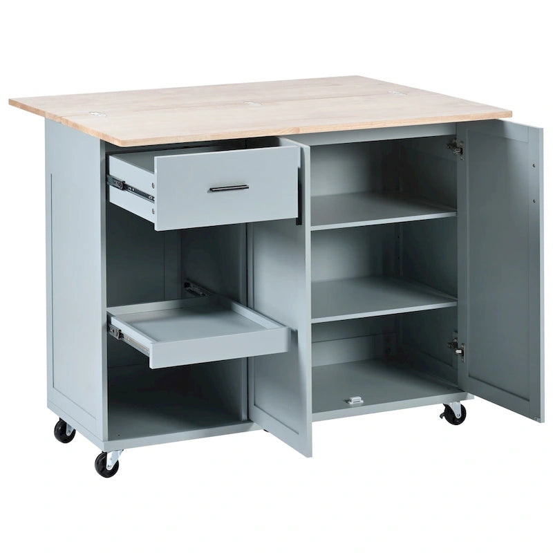 Îlot de cuisine avec plan de travail pliable, chariot de rangement avec étagère coulissante, porte-serviettes et tiroir, roulettes