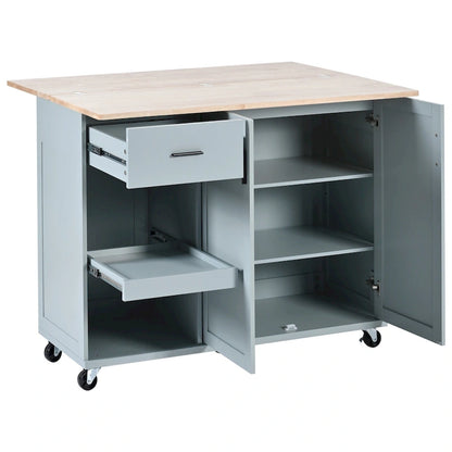 Îlot de cuisine avec plan de travail pliable, chariot de rangement avec étagère coulissante, porte-serviettes et tiroir, roulettes