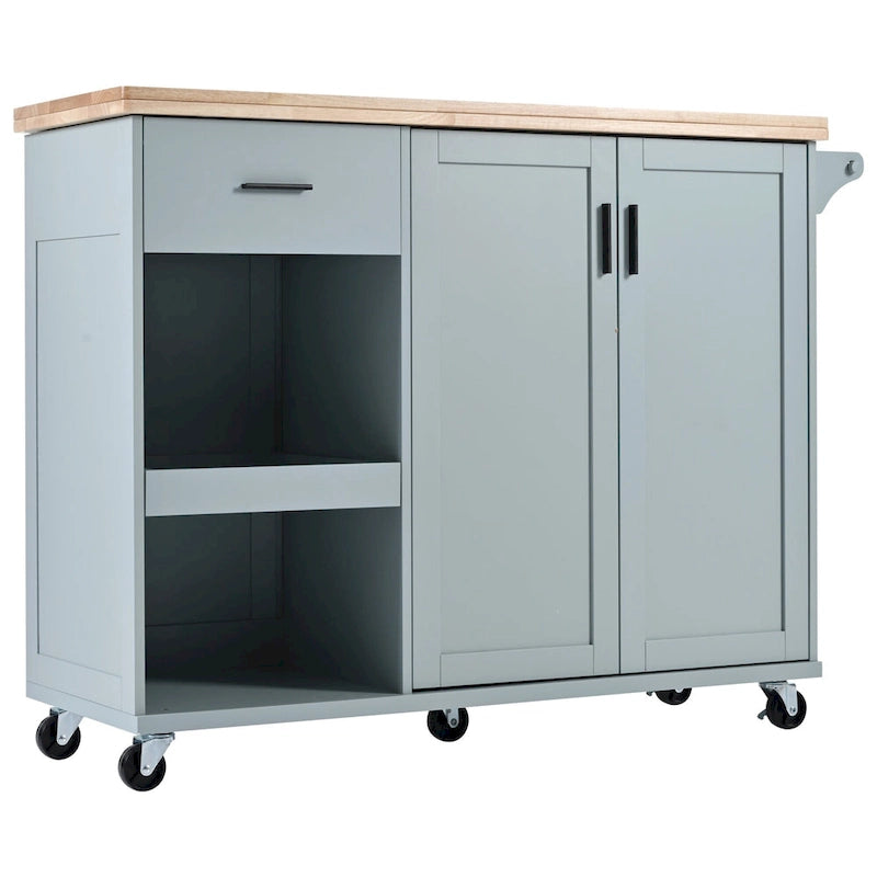 Îlot de cuisine avec plan de travail pliable, chariot de rangement avec étagère coulissante, porte-serviettes et tiroir, roulettes
