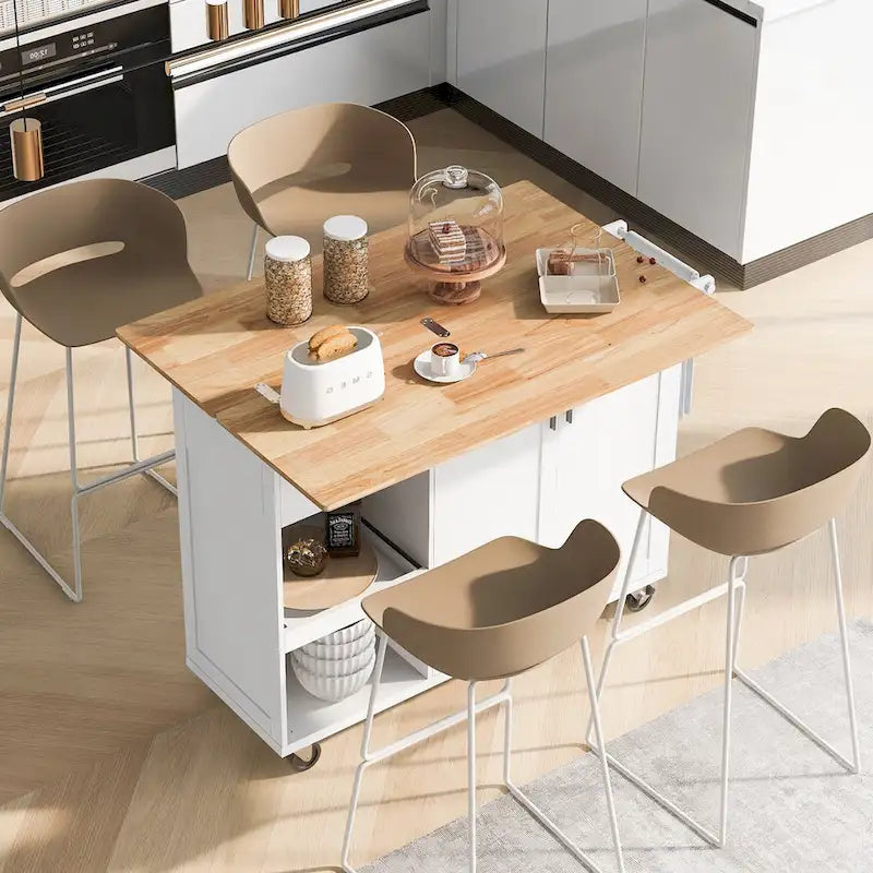 Îlot de cuisine avec plan de travail pliable, chariot de rangement avec étagère coulissante, porte-serviettes et tiroir, roulettes