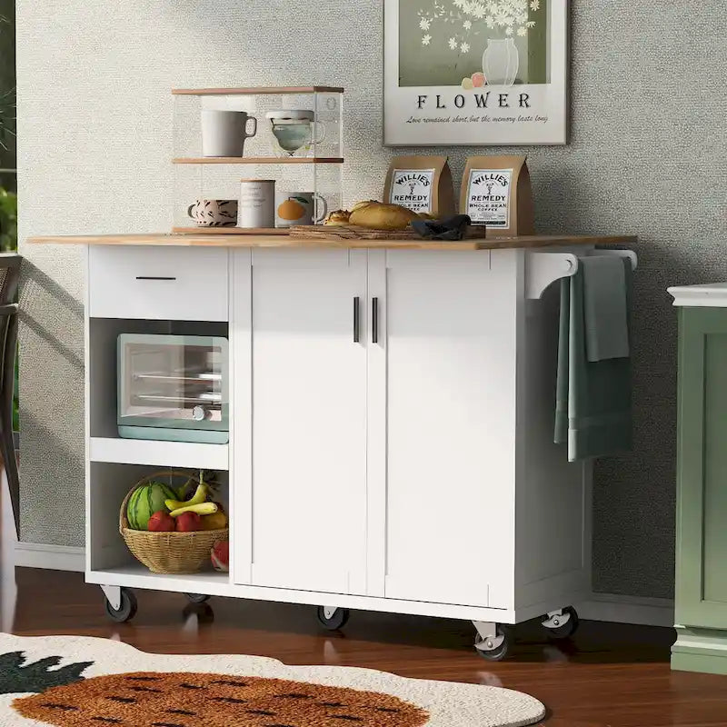 Îlot de cuisine avec plan de travail pliable, chariot de rangement avec étagère coulissante, porte-serviettes et tiroir, roulettes
