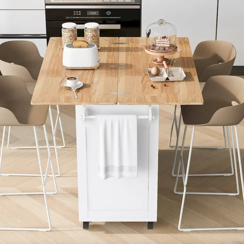 Îlot de cuisine avec plan de travail pliable, chariot de rangement avec étagère coulissante, porte-serviettes et tiroir, roulettes