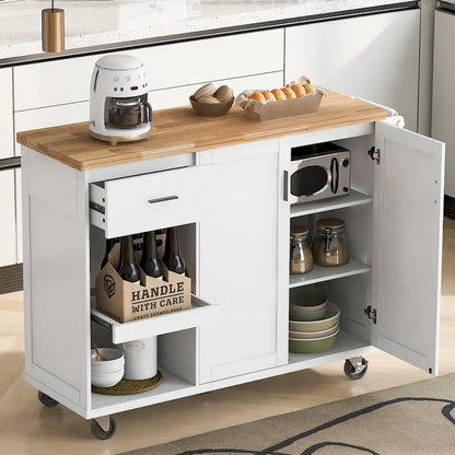 Îlot de cuisine avec plan de travail pliable, chariot de rangement avec étagère coulissante, porte-serviettes et tiroir, roulettes