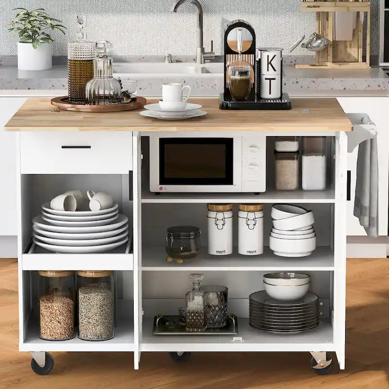 Îlot de cuisine avec plan de travail pliable, chariot de rangement avec étagère coulissante, porte-serviettes et tiroir, roulettes