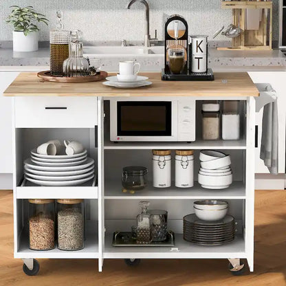 Îlot de cuisine avec plan de travail pliable, chariot de rangement avec étagère coulissante, porte-serviettes et tiroir, roulettes