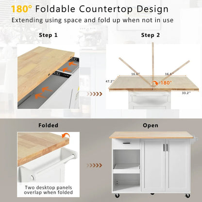 Îlot de cuisine avec plan de travail pliable, chariot de rangement avec étagère coulissante, porte-serviettes et tiroir, roulettes