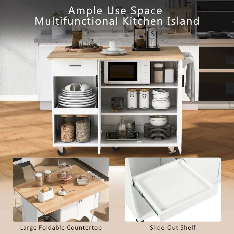 Îlot de cuisine avec plan de travail pliable, chariot de rangement avec étagère coulissante, porte-serviettes et tiroir, roulettes