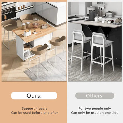 Îlot de cuisine avec plan de travail pliable, chariot de rangement avec étagère coulissante, porte-serviettes et tiroir, roulettes