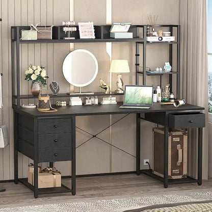 Bureau gaming avec étagère et tiroirs, bureau d'ordinateur avec station de charge et éclairage LED
