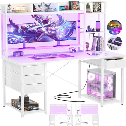 Bureau gaming avec étagère et tiroirs, bureau d'ordinateur avec station de charge et éclairage LED