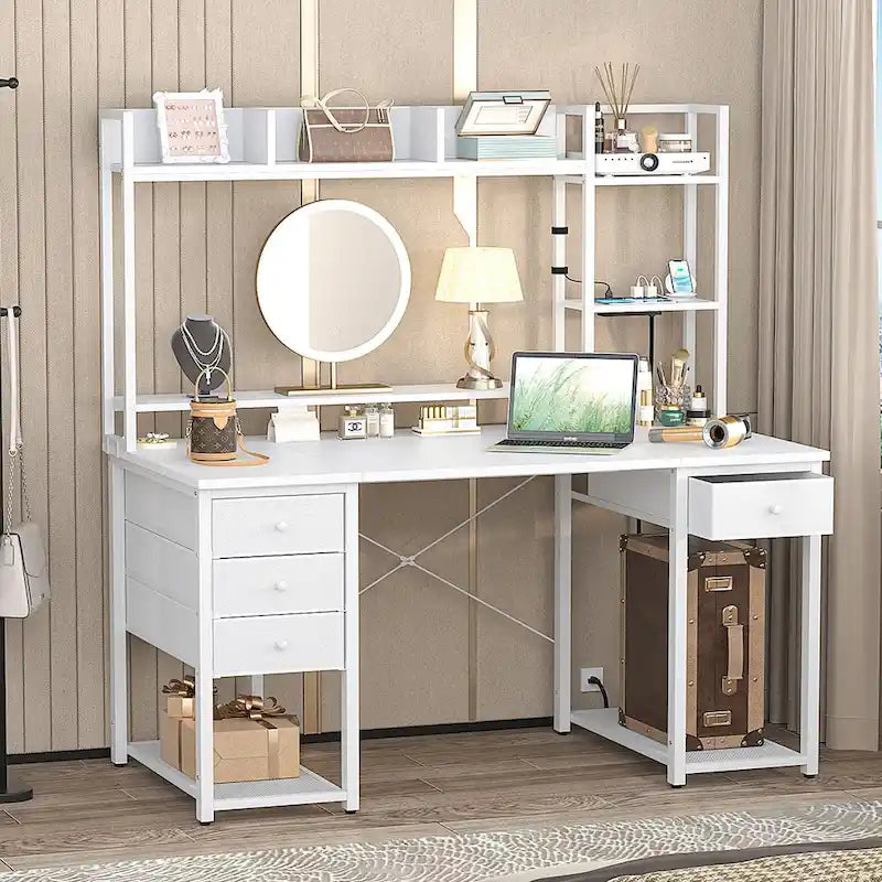 Bureau gaming avec étagère et tiroirs, bureau d'ordinateur avec station de charge et éclairage LED