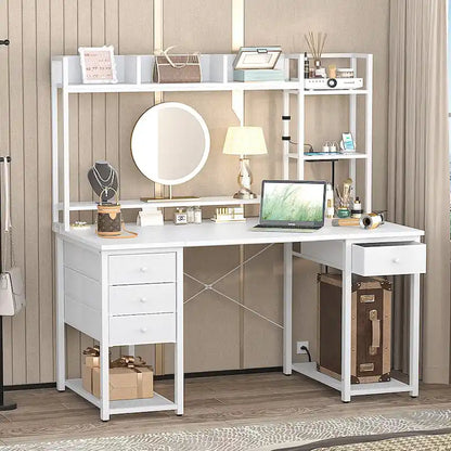 Bureau gaming avec étagère et tiroirs, bureau d'ordinateur avec station de charge et éclairage LED