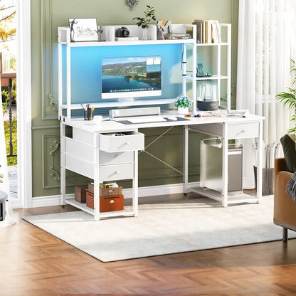 Bureau gaming avec étagère et tiroirs, bureau d'ordinateur avec station de charge et éclairage LED