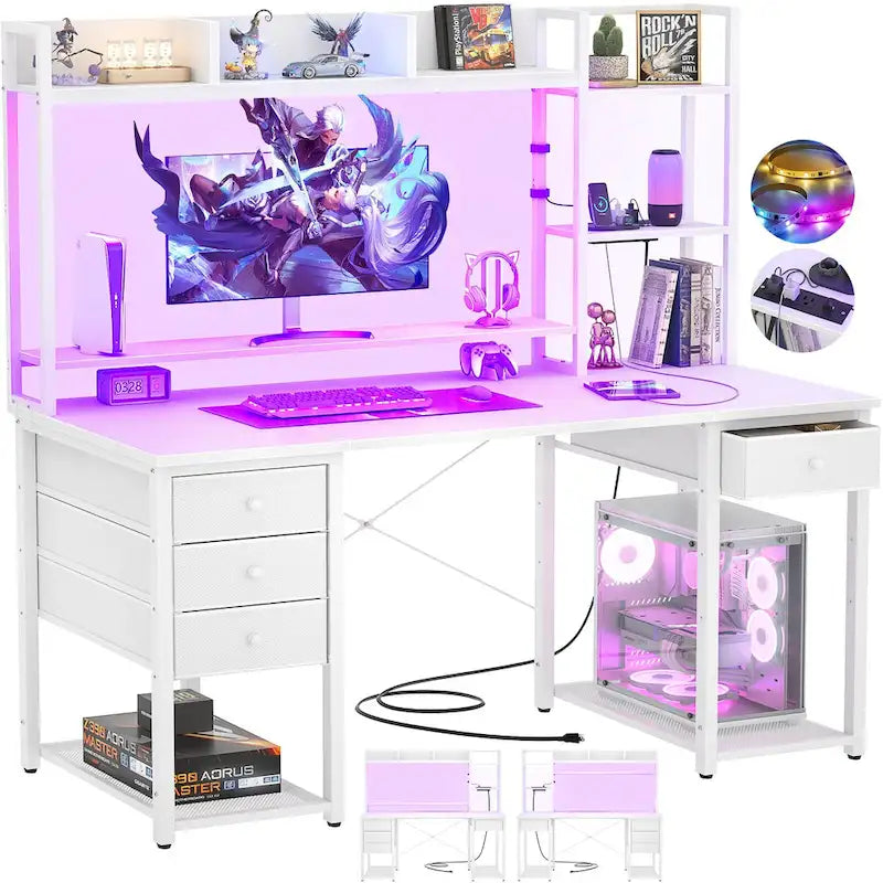 Bureau gaming avec étagère et tiroirs, bureau d'ordinateur avec station de charge et éclairage LED