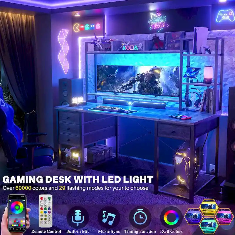 Bureau gaming avec étagère et tiroirs, bureau d'ordinateur avec station de charge et éclairage LED