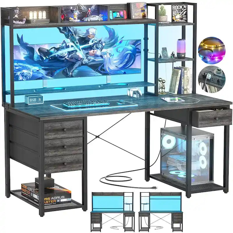 Bureau gaming avec étagère et tiroirs, bureau d'ordinateur avec station de charge et éclairage LED