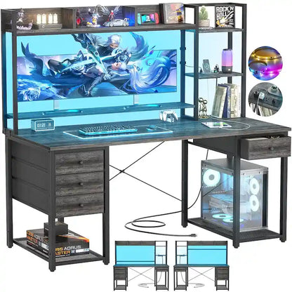 Bureau gaming avec étagère et tiroirs, bureau d'ordinateur avec station de charge et éclairage LED