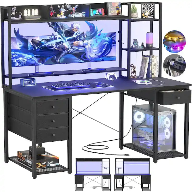 Bureau gaming avec étagère et tiroirs, bureau d'ordinateur avec station de charge et éclairage LED