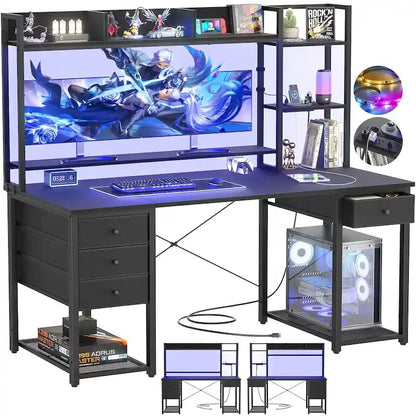 Bureau gaming avec étagère et tiroirs, bureau d'ordinateur avec station de charge et éclairage LED