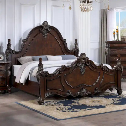 Lit à baldaquin traditionnel Eugene en bois massif cerisier foncé avec détails sculptés, de la marque Furniture of America