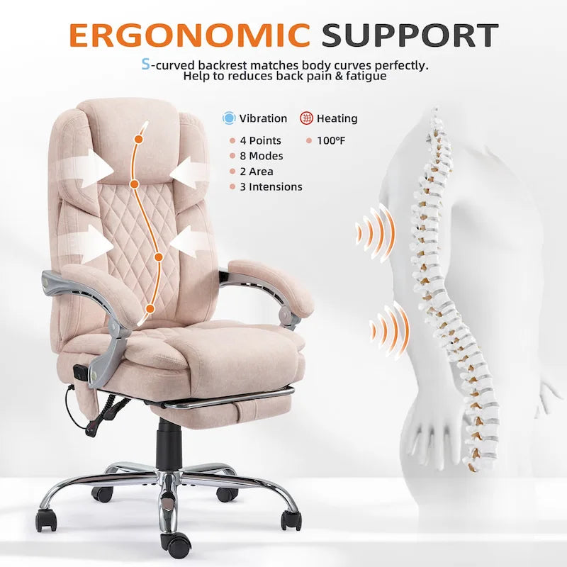 Fauteuil de bureau massant chauffant EROMMY avec repose-pieds, fauteuil de bureau ergonomique inclinable avec soutien lombaire et hauteur réglable.