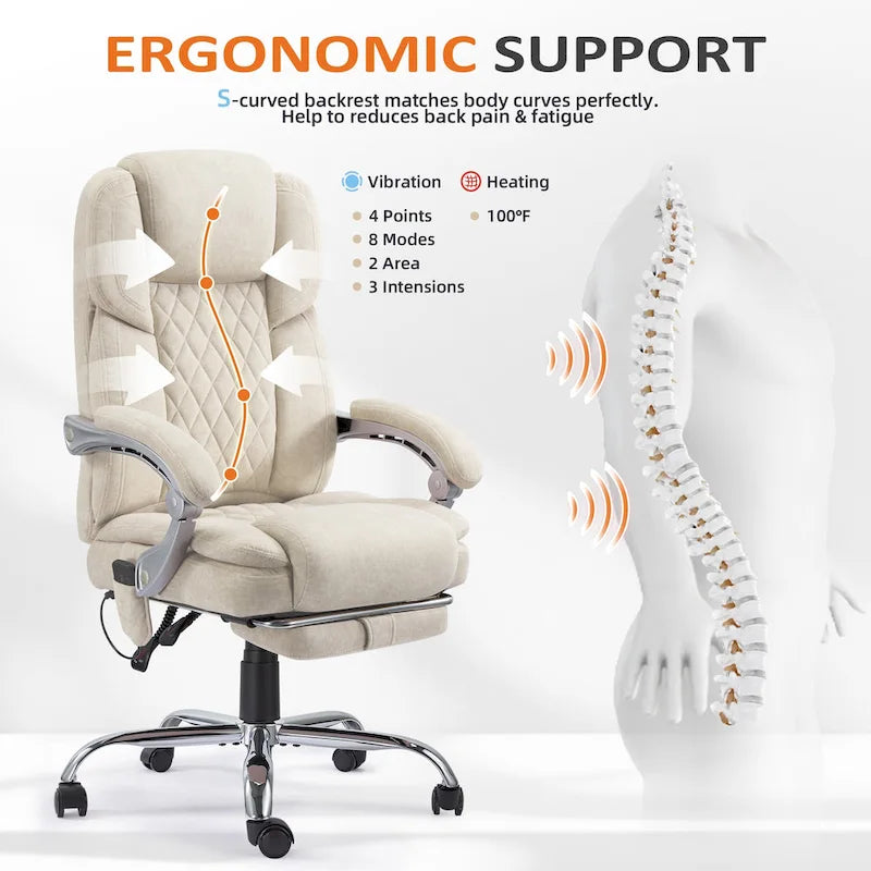Fauteuil de bureau massant chauffant EROMMY avec repose-pieds, fauteuil de bureau ergonomique inclinable avec soutien lombaire et hauteur réglable.