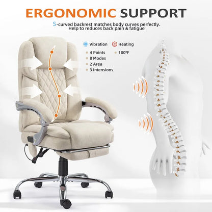 Fauteuil de bureau massant chauffant EROMMY avec repose-pieds, fauteuil de bureau ergonomique inclinable avec soutien lombaire et hauteur réglable.