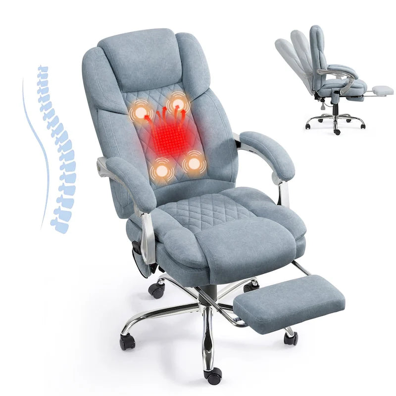 Fauteuil de bureau massant chauffant EROMMY avec repose-pieds, fauteuil de bureau ergonomique inclinable avec soutien lombaire et hauteur réglable.