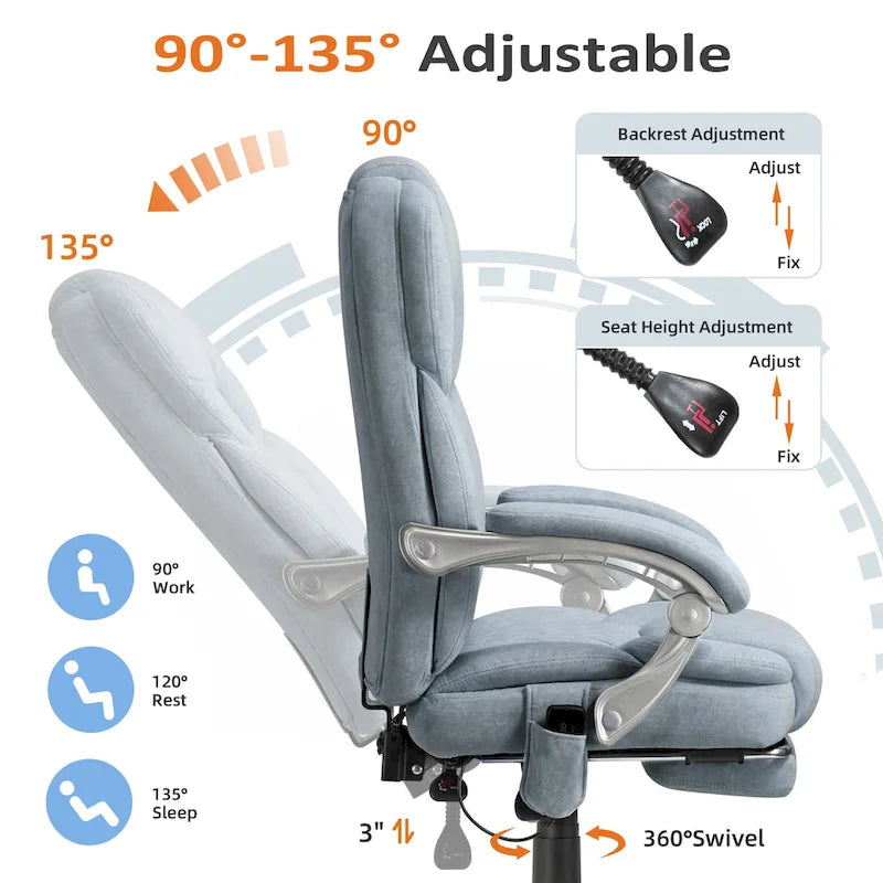 Fauteuil de bureau massant chauffant EROMMY avec repose-pieds, fauteuil de bureau ergonomique inclinable avec soutien lombaire et hauteur réglable.