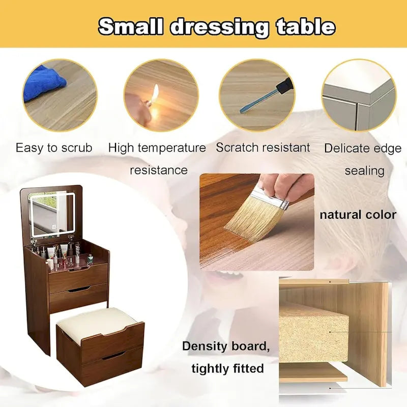 Ensemble coiffeuse 3 en 1 avec plateau en verre, 3 tiroirs et tabouret.