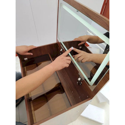 Ensemble coiffeuse 3 en 1 avec plateau en verre, 3 tiroirs et tabouret.