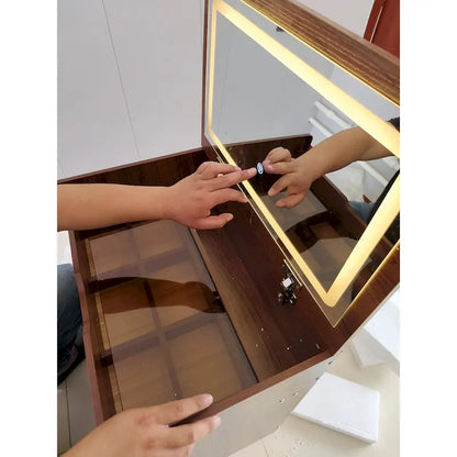 Ensemble coiffeuse 3 en 1 avec plateau en verre, 3 tiroirs et tabouret.