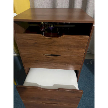 Ensemble coiffeuse 3 en 1 avec plateau en verre, 3 tiroirs et tabouret.